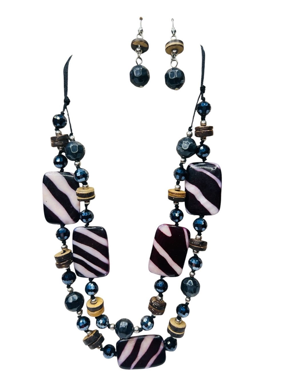 Zebra Stripe Double-Strand Beaded Necklace and Earrings - Black, White, Blue